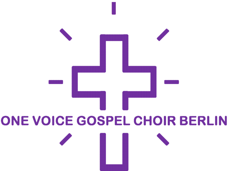 Logo des ONE VOICE GOSPEL CHOIRS: ein Kreuz mit Strahlen drum herum und unten steht ONE VOICE GOSPEL CHOIR BERLIN