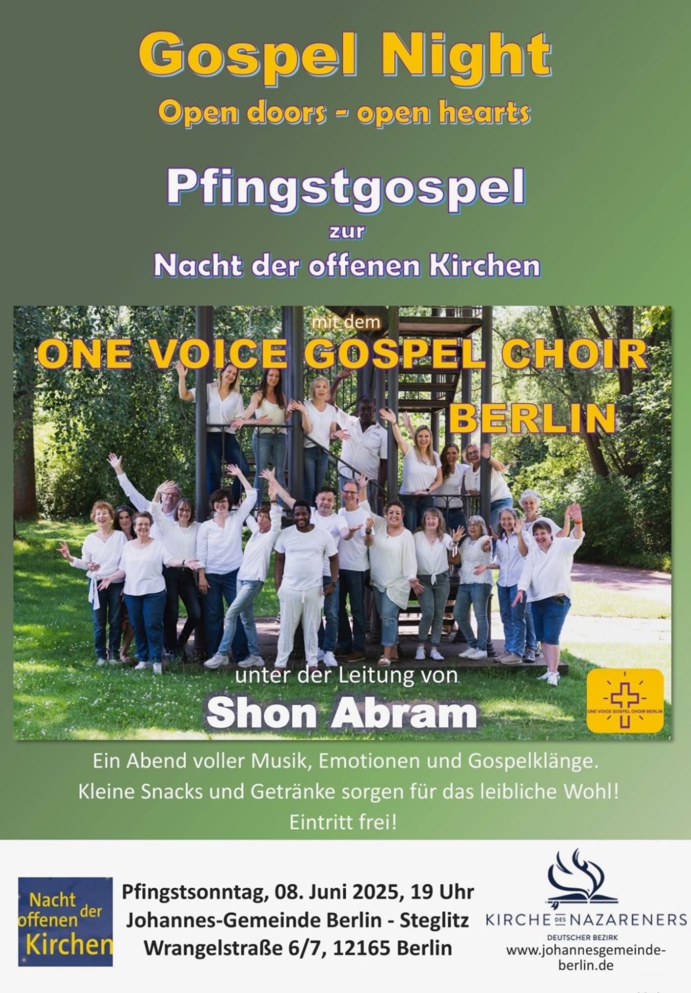 Ankündigung für die Nacht der offenen Kirche, bei der der ONE VOICE GOSPEL CHOIR BERLIN in der Johannes-Gemeinde in Berlin-Steglitz singt